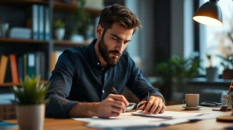 Frau rechnet Foerderungsbetrag mit Taschenrechner und Papier am Schreibtisch in Bielefeld