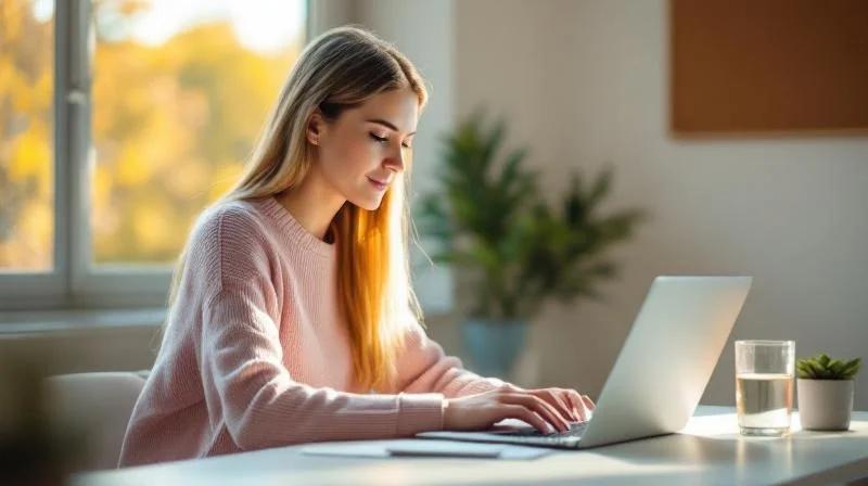 Frau arbeitet am Laptop in einem hellen Bielefelder Homeoffice