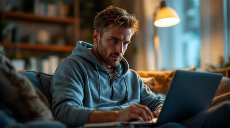 Mann macht Online-Fortbildung am Laptop, abends zu Hause in Bielefeld