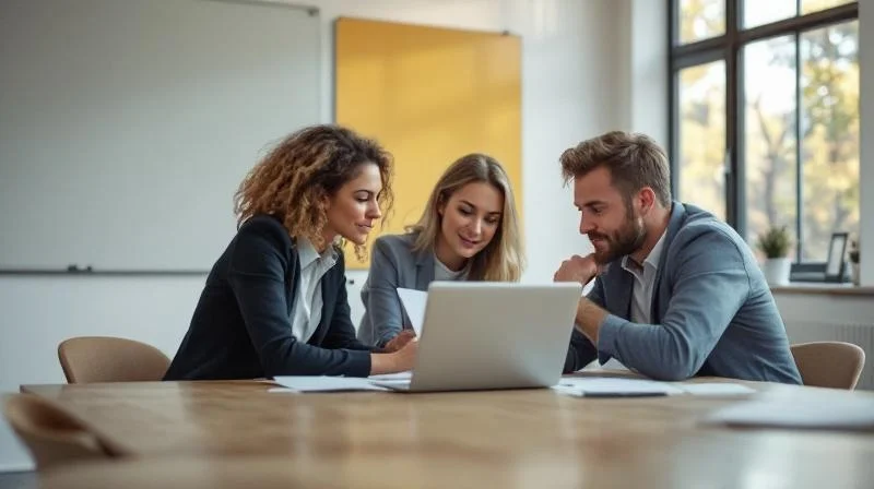 Gruppe junger Berufstaetiger lernt gemeinsam in einem hellen Seminarraum in Bielefeld