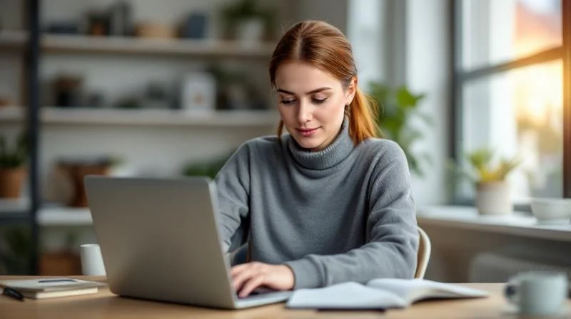 Frau mit Laptop und Notizblock an einem hellen Schreibtisch, konzentriert auf Weiterbildungsinhalte