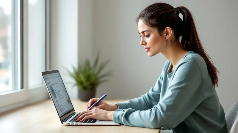 Frau am Laptop in einem hellen Homeoffice in Bielefeld, konzentriert beim Online-Kurs