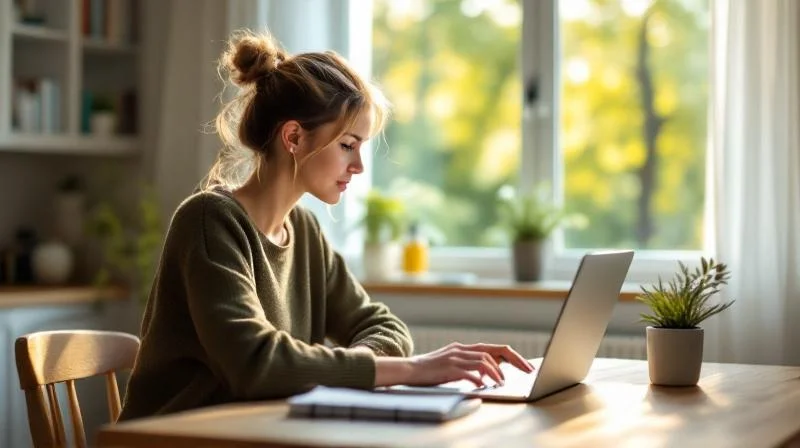 Frau lernt am Laptop in einem hellen Raum mit Blick auf gruene Baeume in Bielefeld