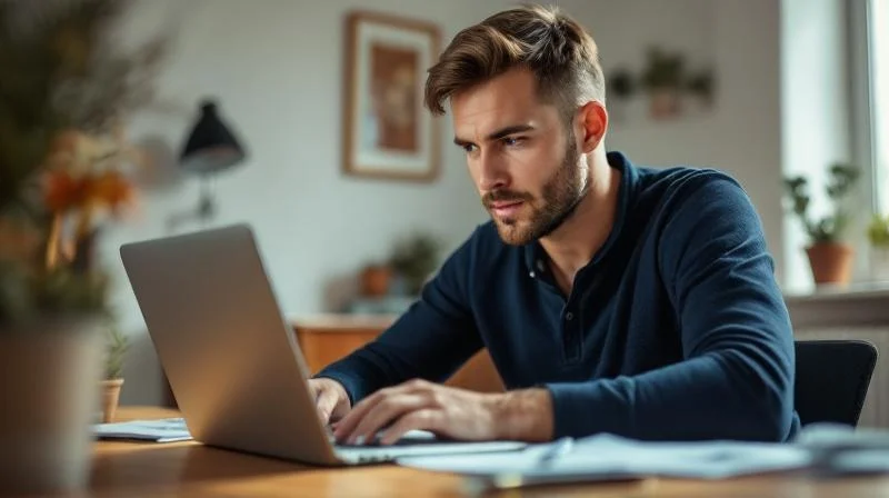 Mann arbeitet konzentriert am Laptop in einem hellen Home Office in Bielefeld